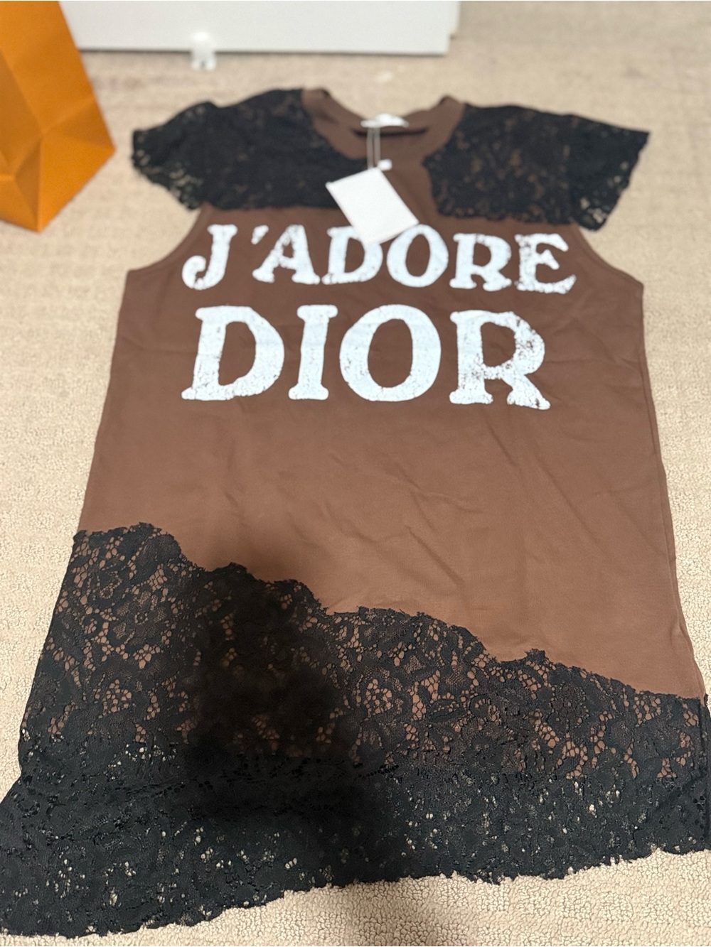 Dior Brown Tank Top with White Lace Trim and J'ADORE DIOR Print - Picture 4 of 6